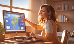 a woman pointing to a map on the computer