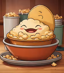 an animated cartoon of a bowl full of rice,an anime shows a bowl with a pie in it