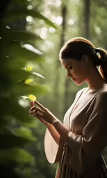 a woman holds a white frisbee and a green plant