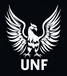 the unf logo on a black background