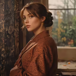 a young woman in brown coat standing next to an open window