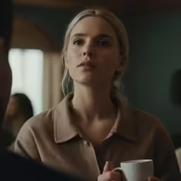 a woman holding a cup is talking to someone