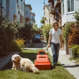a woman walks her dog on the sidewalk