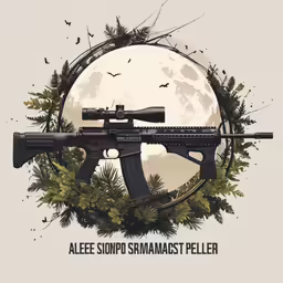 an illustrated image of an automatic rifle on a circular white background