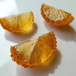 three oranges laying side by side on a white table