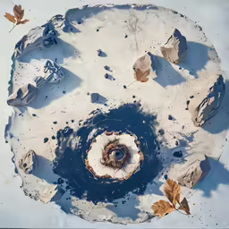 the top view of a rock and leaf puddles in the snow