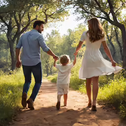 a man, woman and baby holding hands as they walk on a dirt path