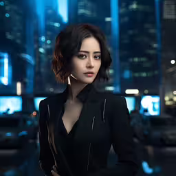 a woman in a black suit posing for a photograph in a large city,a woman in a black suit is posing for the camera
