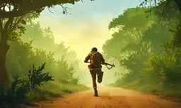 the person is walking through a forest carrying a gun,a man in a forest is running with his gun