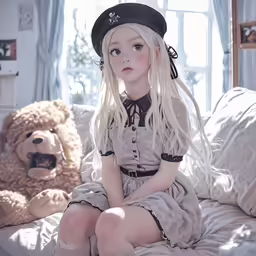 a girl sitting on a bed next to a teddy bear