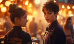 a woman and a young man standing in a room full of people