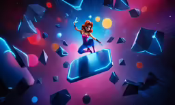 a cartoon character with an orange hair stands on a platform surrounded by crystals