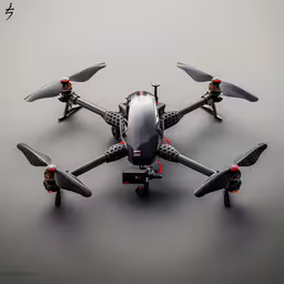 a close up shot of a remote controlled quad quadplane,an airplane with four propellers sitting on top of a gray background