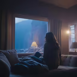 a woman is sitting on a couch looking out of the window at mountains