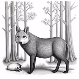 an animal standing next to a baby fox