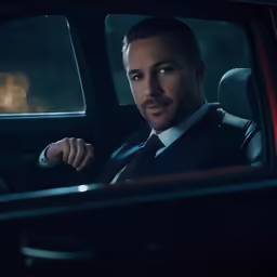 the man is posing for the camera inside a car