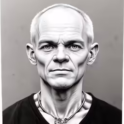 the head and shoulders of a man in black shirt with white hair