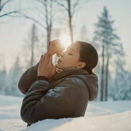 a woman kneeling down in the snow touching her hands