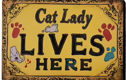 a yellow sign that reads cat lady lives here