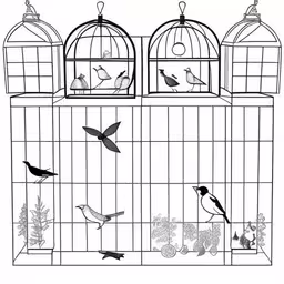 birds sitting in a cage together to make a drawing,a black and white drawing of birds in cages