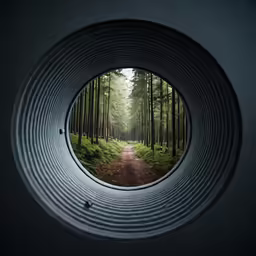 a view from inside of a hose that looks like it is going through a forest