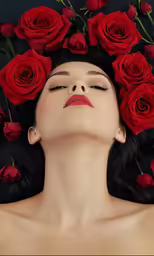 woman with red roses around her head