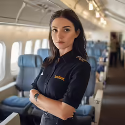 a woman is standing in a plane seat