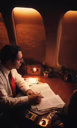 the man in the plane is writing his notes