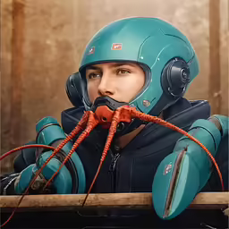 a female in a helmet is posing with a hose