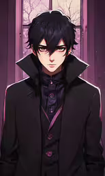 an anime boy with black hair, glasses and a suit,an anime man wearing a black suit, a purple background and a purple window