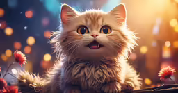 a cat looks up at the camera with a blurry background