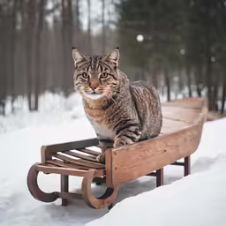 cat sitting on top of a wooden bench in the snow