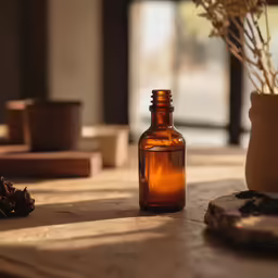 a small brown bottle sitting on a wooden table