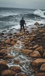 a man in black standing near the ocean with rocks and water
