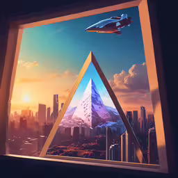 a picture of a large city and a space ship,a city is surrounded by tall buildings and a plane flying over them