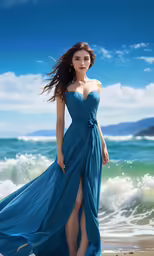 woman in long blue dress on the beach