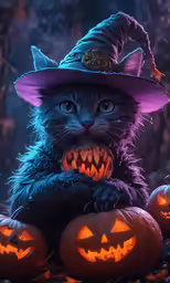 a cat in a witches costume surrounded by halloween pumpkins