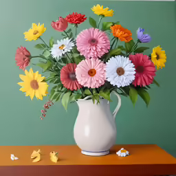a vase full of flowers is shown with tiny ducks
