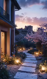 there are several lights on the pathway leading to a house