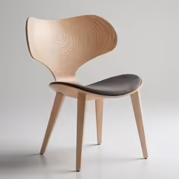 a wooden chair with an open face and a black seat