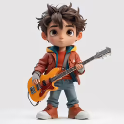 a little boy wearing brown clothes holding a yellow electric guitar