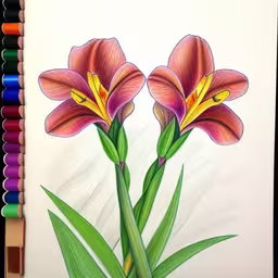 a drawing of two flowered plants and colored pencils,colored pencil drawing of two flowers sitting next to each other,a drawing of flowers on paper surrounded by crayons,a drawing with colored pencils and watercolor pencils,a drawing of three purple flowers in color pencil