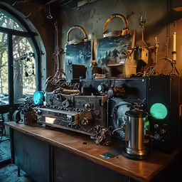 a large group of machinery on display on the counter