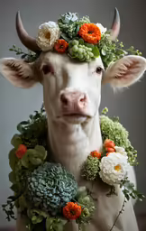 the head of a cow with flowers around its neck