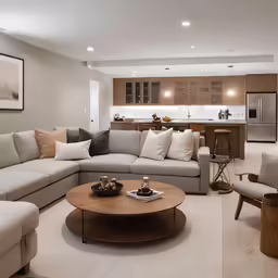 the living room is decorated in neutral colors