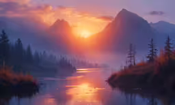 the sun rising over a mountain range with some trees