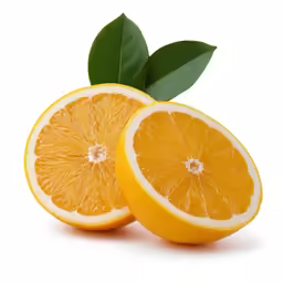 two halves of an orange with a leaf on top of them