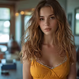a young woman wearing a strapless top and a yellow dress