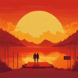 two people walking on a dock by the water during a yellow and red sunset,two people are walking away from the sunset
