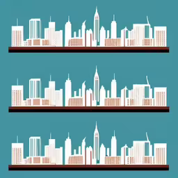 some type of architectural skyline displayed in two different shelves,four empty shelves with cityscape cutouts on them
